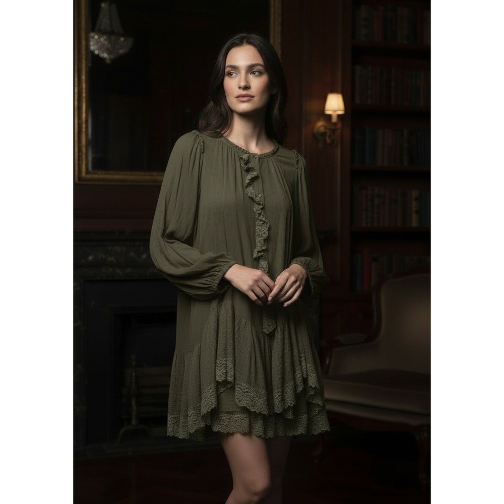 Free People‎ Jeanette Lace Dress Women S / P Olive Sage Green Ruffles Gauzy